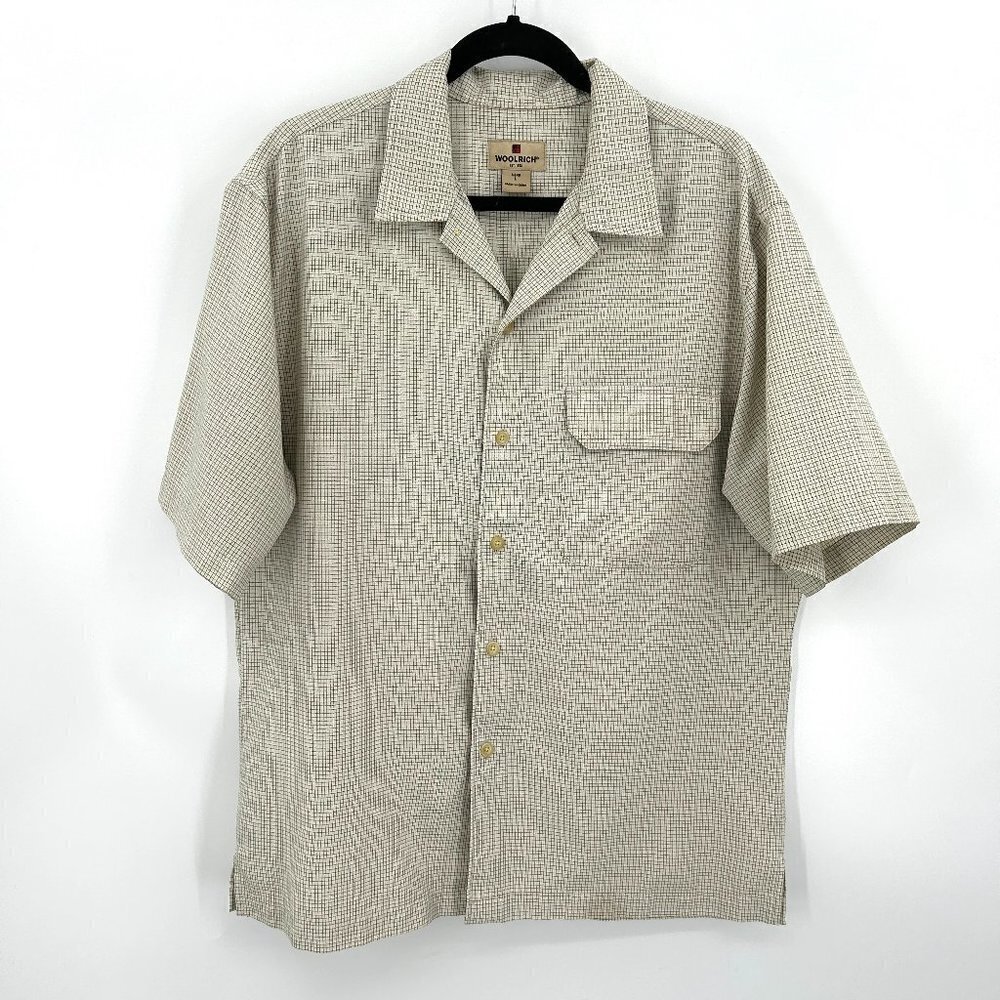 WOOLRICH *Flawed* Men's Cream Gray Check Short Sleeve Button Up Shirt Size Large